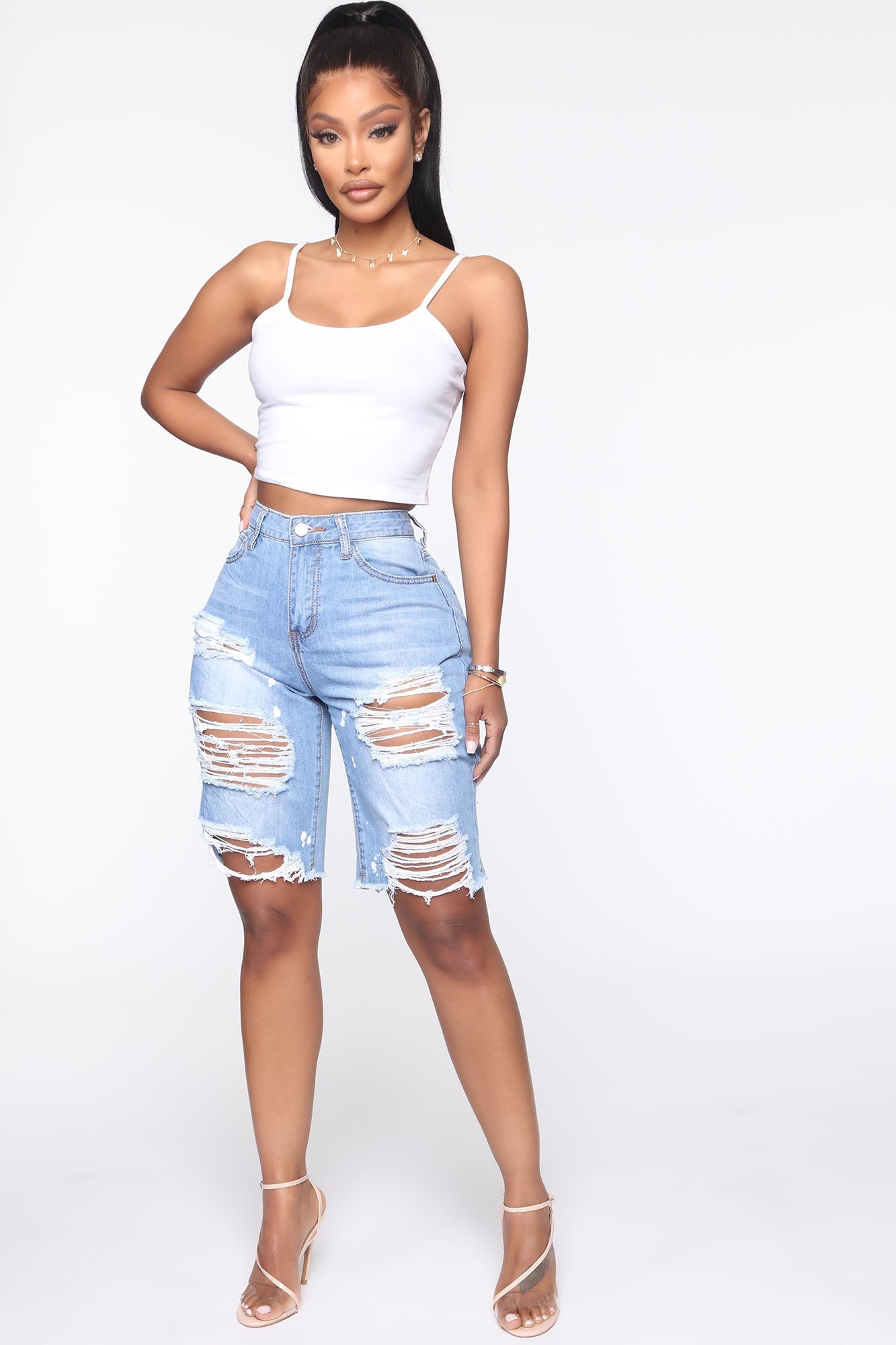 Victory Is Mine Denim Long Line Shorts - Light Blue Wash