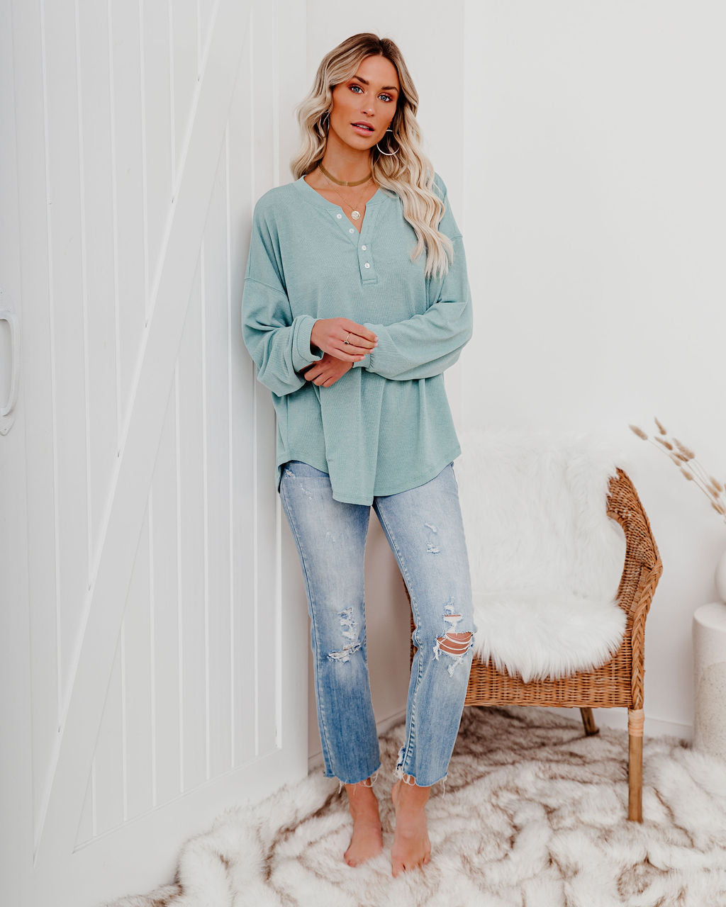 Maggie Relaxed Knit Henley Top - Sage