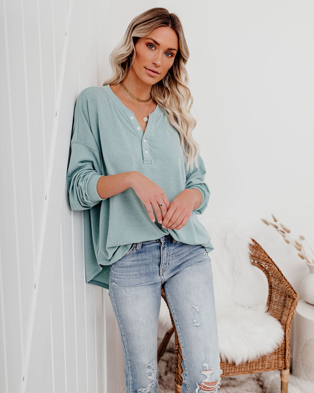 Maggie Relaxed Knit Henley Top - Sage