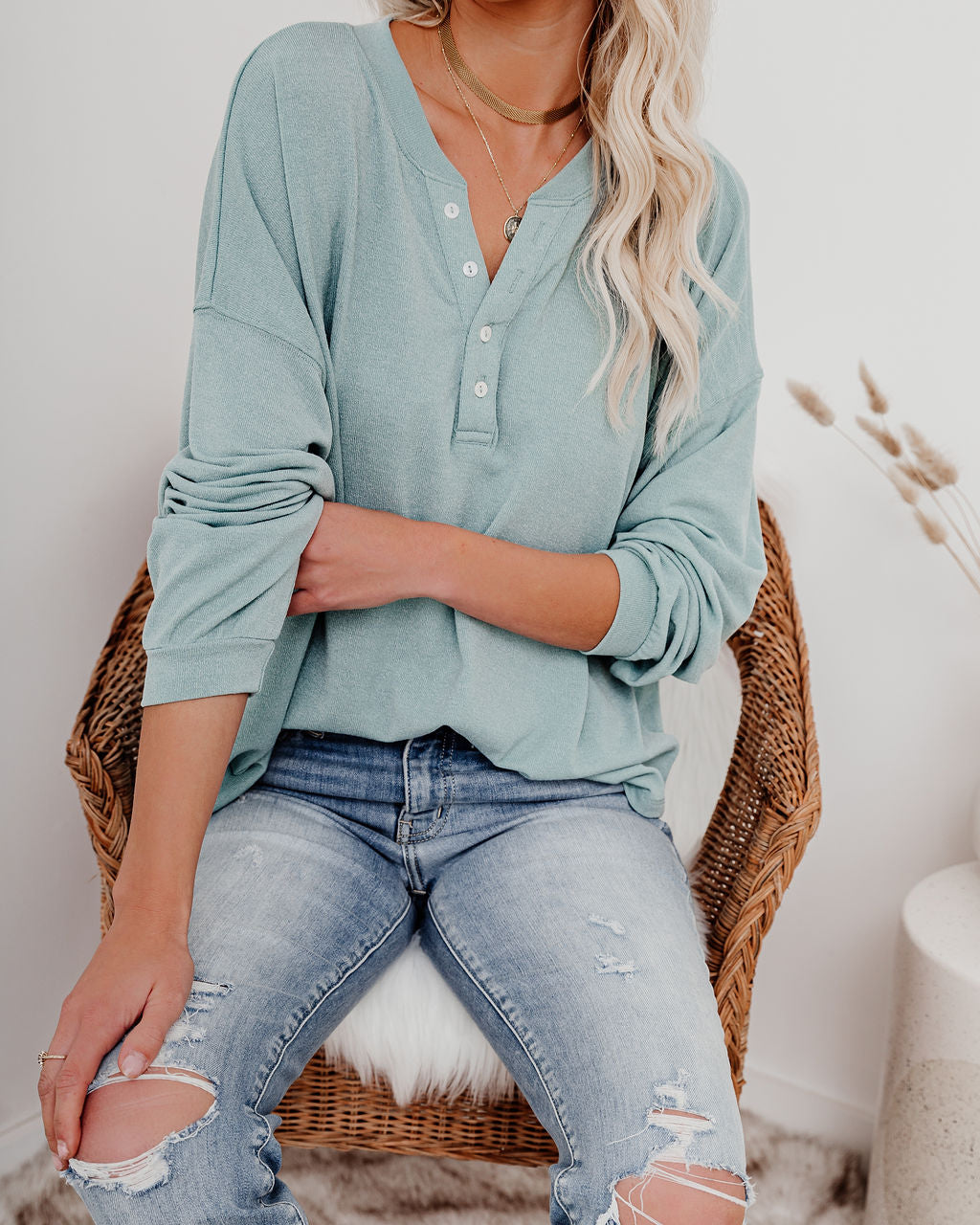 Maggie Relaxed Knit Henley Top - Sage